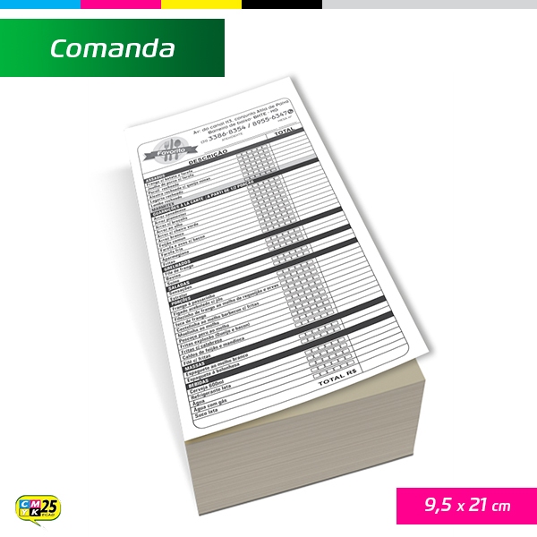 Comanda 9,5x21cm - 3000 Unid. + 3 Cores Adicionais